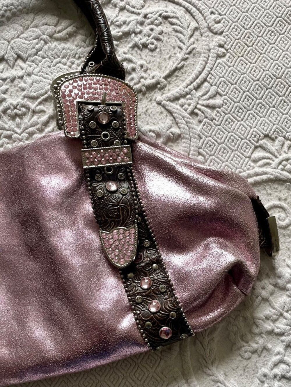 SOLD Vintage Y2K Charm + Luck Western San Antonio Leather Rhinestone Satchel Bag - Picture 9 of 16